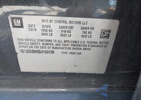 2016 Chevrolet Sonic Lt Auto из США, поврежденный, VIN 1G1JC6SH3G4159706